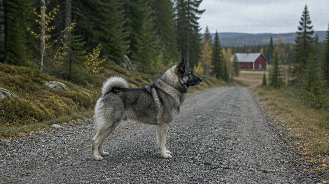 Jämthund på en grusväg i norrländsk granskog med en röd lada i bakgrunden en mulen höstdag