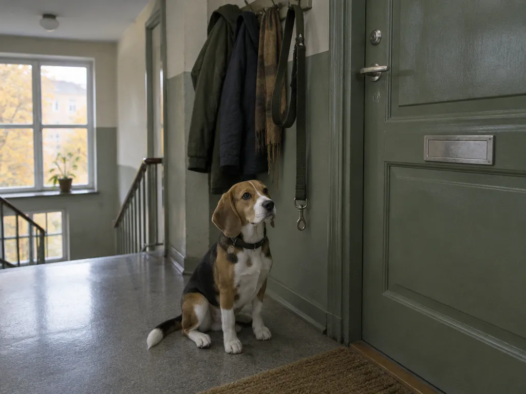 Ung beagle som sitter vid ytterdörren i en lägenhetshall med jackor och koppel på krokar