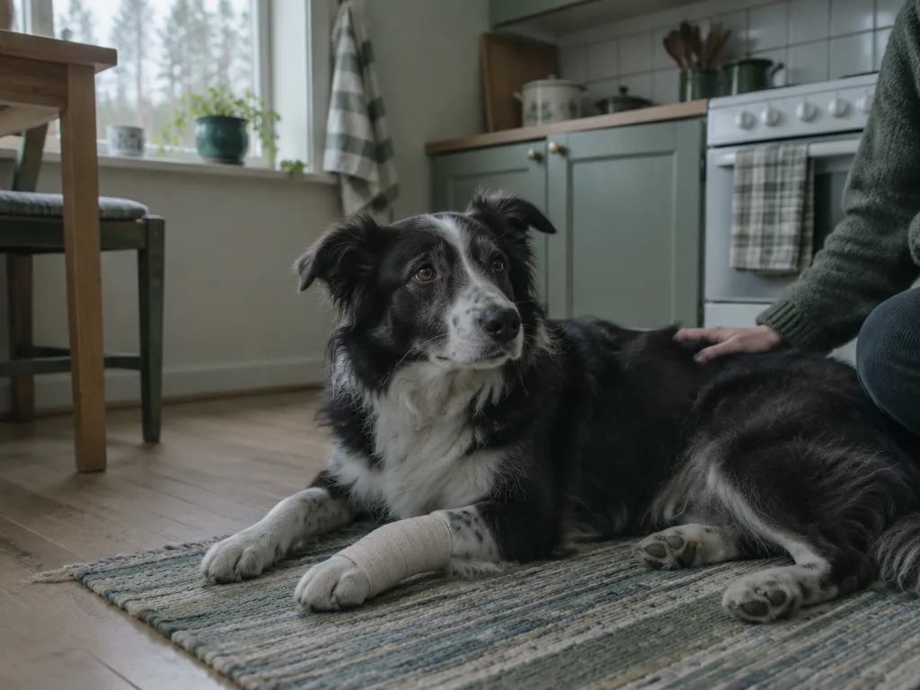 Border collie-blandning som vilar på en trasmatta i ett kök medan ägarens hand ligger på hundens rygg