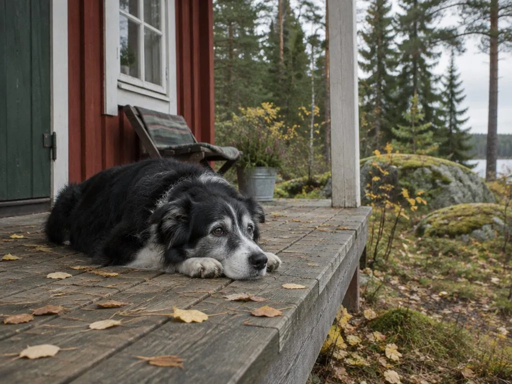Äldre border collie med grå nos som vilar på en träveranda vid ett rött hus i skogskanten