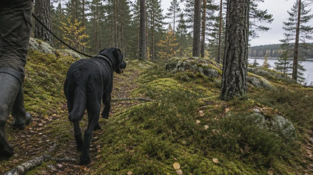 Svart labrador i koppel på en mossig stig i svensk tallskog en höstdag