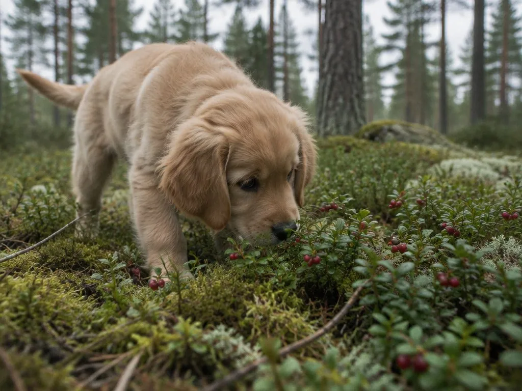 Golden retriever-valp som nosar bland lingonris och mossa i en tallskog