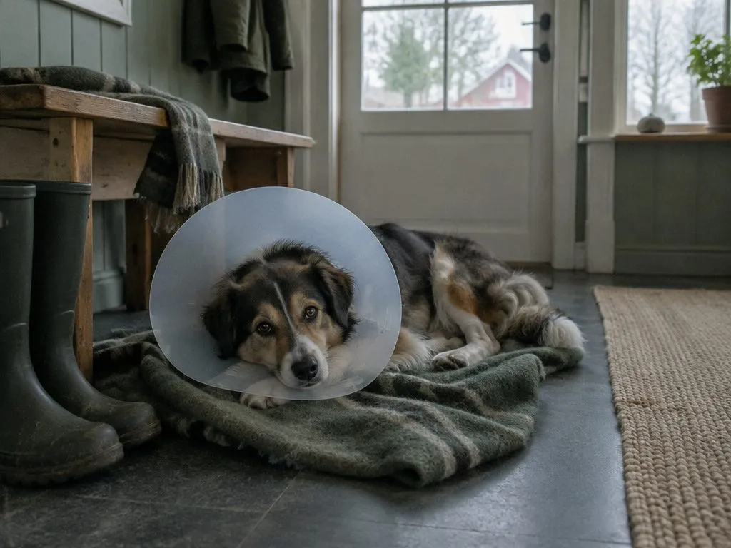 Blandrashund med skyddskrage som vilar på en filt i en hall efter ett veterinärbesök